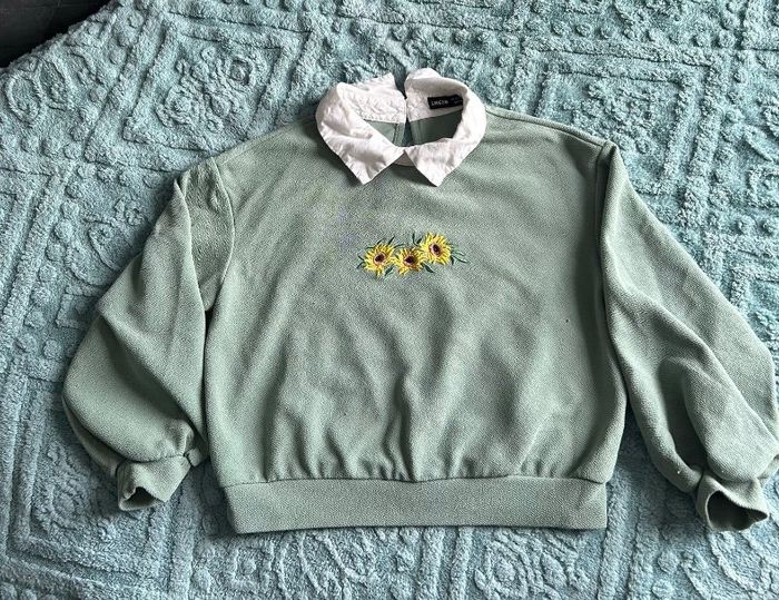 Sweat vert col blanc avec broderie tournesols - SHEIN