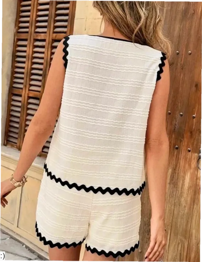 Ensemble S Blanc Texturé Top + Short - Finitions Zigzag Noir Boutons Dorés Neuf Jamais Porté - photo numéro 2