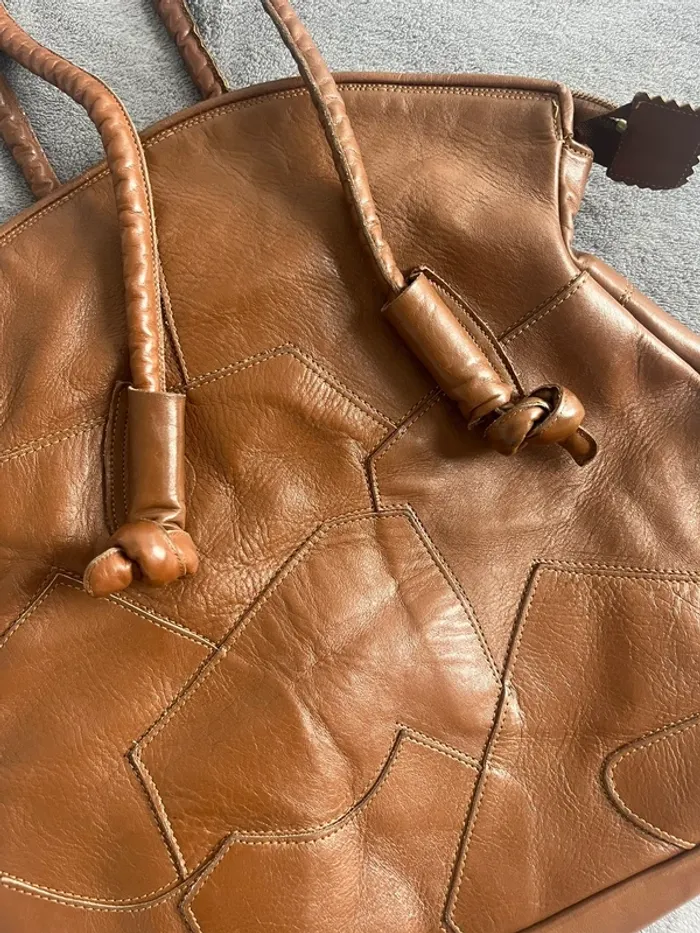 Sac cabas marron clair vintage – Patchwork souple 70s boho - photo numéro 3