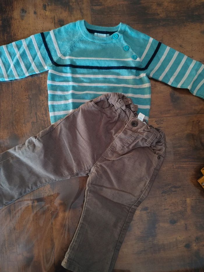 Ensemble garçon 12 mois pull turquoise a rayures blanches et jean gris obaibi - photo numéro 2