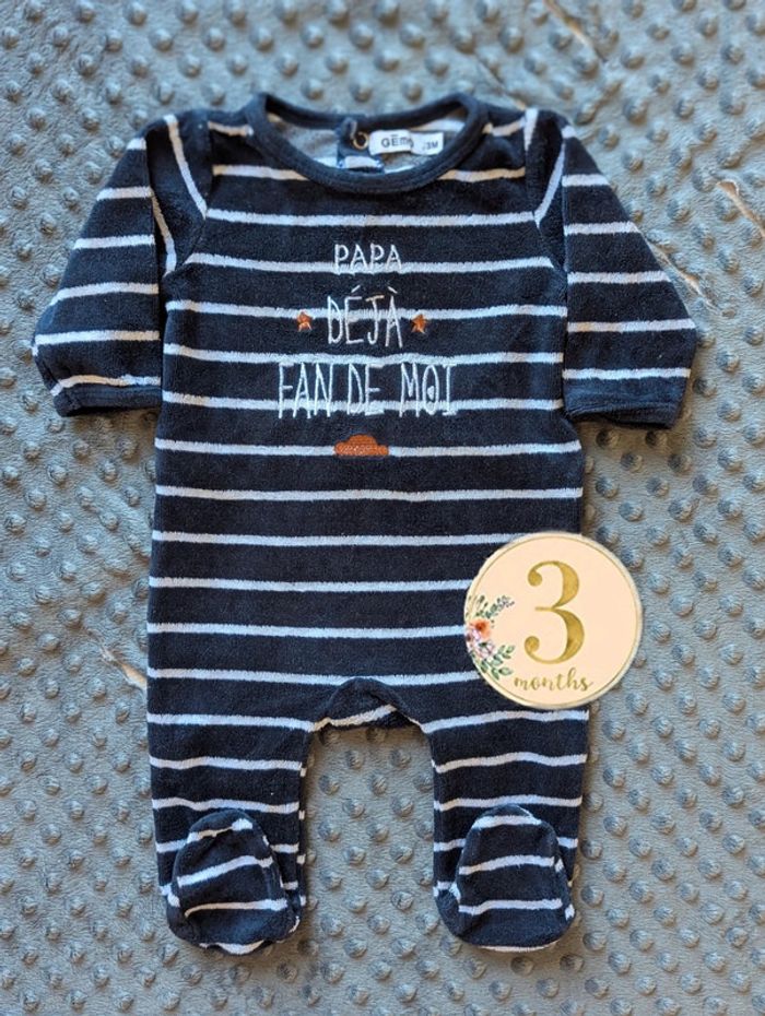 Pyjama bébé 3 mois  “Papa déjà fan de moi”  Velours rayé