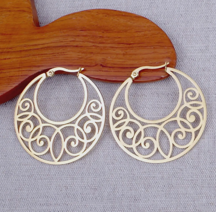 Créoles rondes 40 mm fleurs doré à l'or fin 14 carats