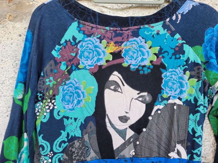 Superbe robe boule Desigual, tons bleus et verts, manches longues, taille M (40) - photo numéro 10