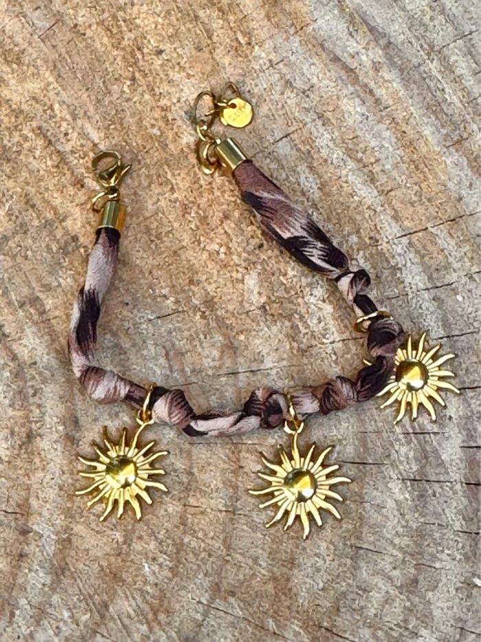 Bracelet tissu léopard chaîne réglable et soleil acier inoxydable or