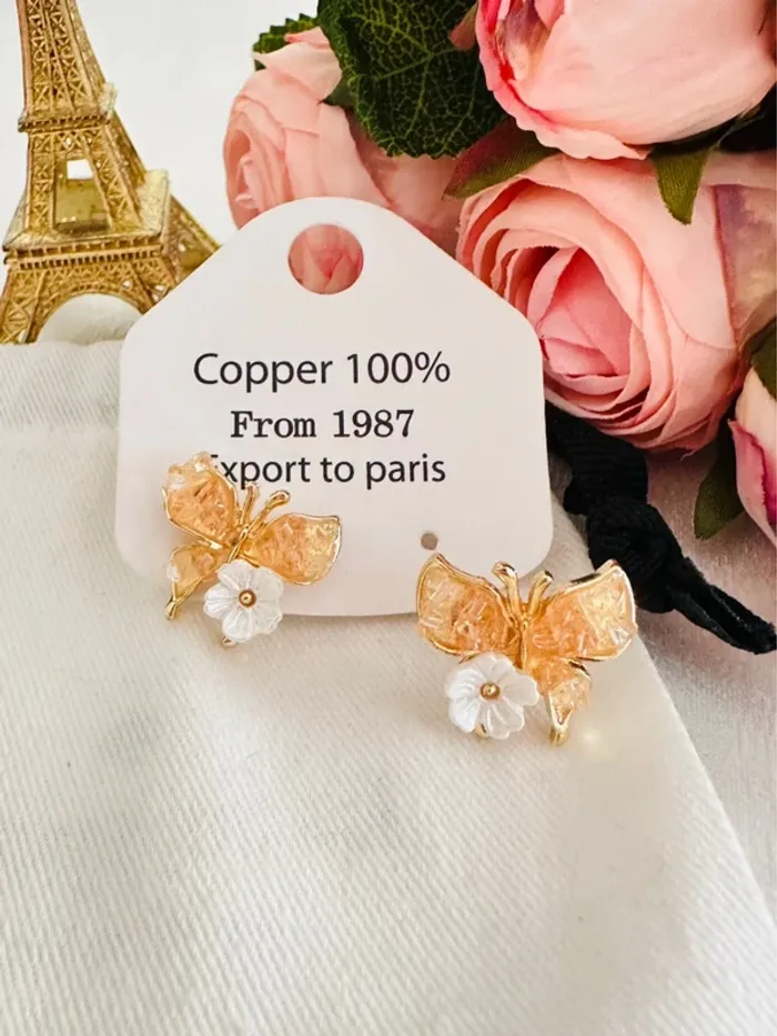 🦋Boucles d’oreilles papillons & fleurs – pierre orange, fait main, haute qualité - photo numéro 2