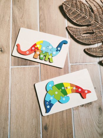 🧩Lot de 2 Puzzles 2 en 1 en bois dinosaure et dauphin avec chiffres