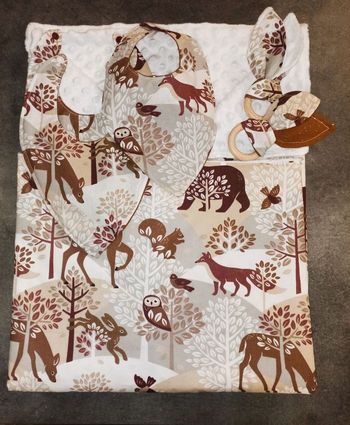 Coffret naissance, plaid, bavoir, anneau de dentition
