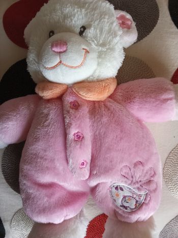 Ours rose blanc  doudou tex baby oiseau  brodé  col orange en posture debout belle peluche