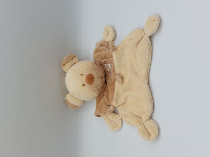 Doudou plat ours beige marron NICOTOY 3 nouettes marron broderie lapin avion TBE - photo numéro 3