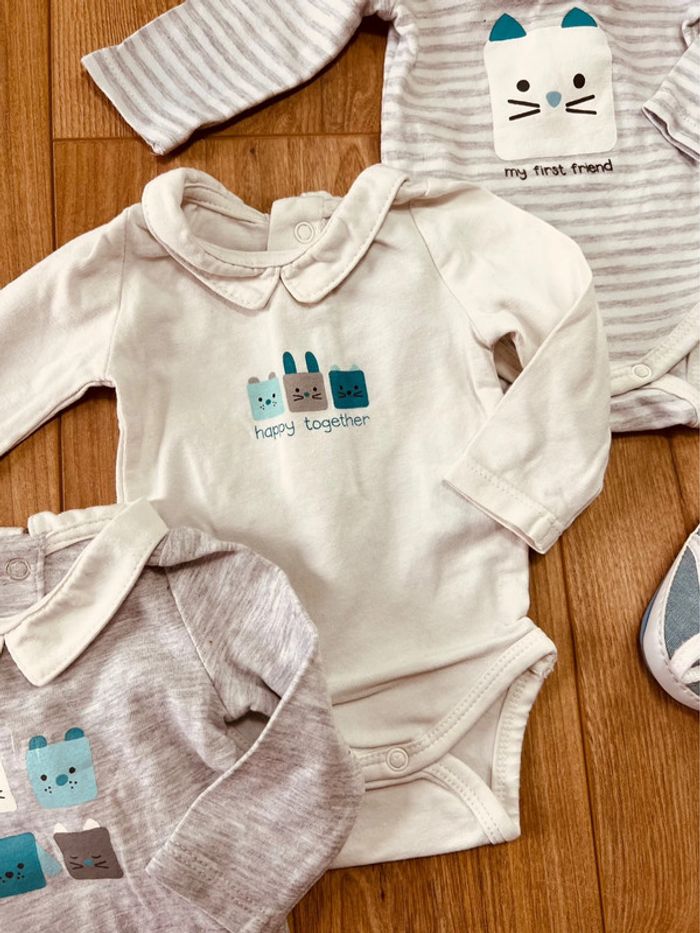 Taille naissance lot de 3 bodies manches longues garçon Obaibi blanc gris 💙 - photo numéro 4