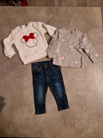 Ensemble 3 pièces bébé fille jean pull molleton Minnie pull gris T12mois TBE disney baby orchestra