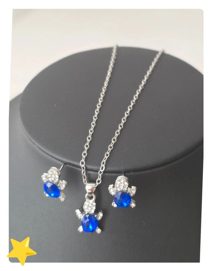 Parrure collier + pendentif + boucle d'oreilles tortue pierre d'ornement bleu - photo numéro 3