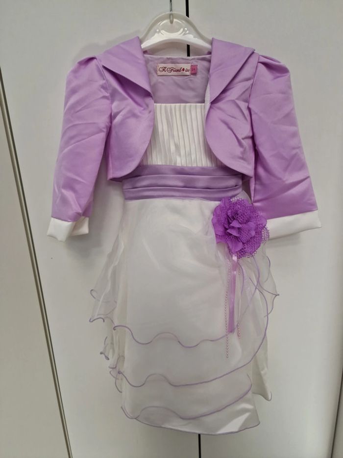 Robe Avec Boléro Baptême Cérémonie Mariage Blanc Lila Fleur Perles - photo numéro 7