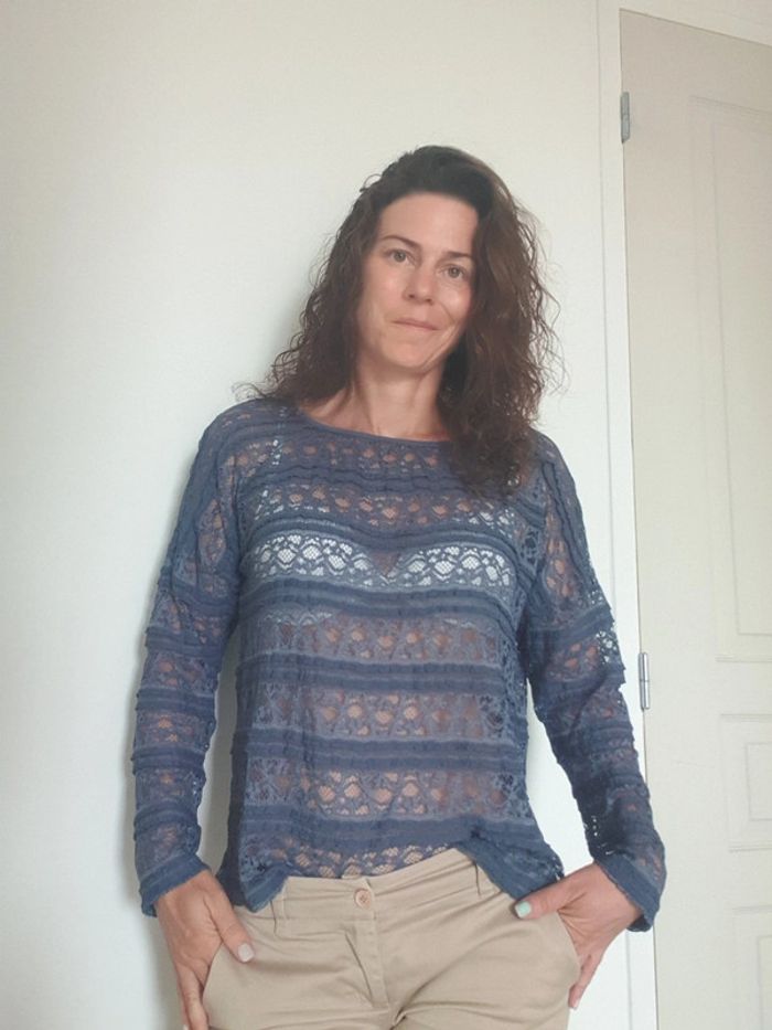 Haut femme manches longues sexy bleu transparent genre crochet taille 36