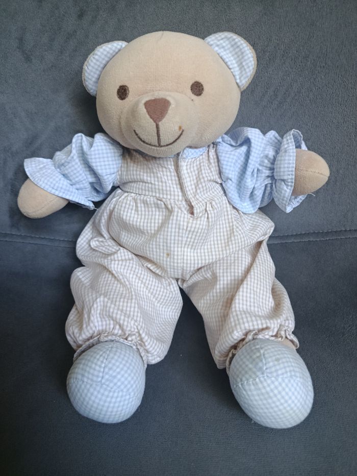 Peluche ours Tartine et Chocolat vintage, salopette vichy