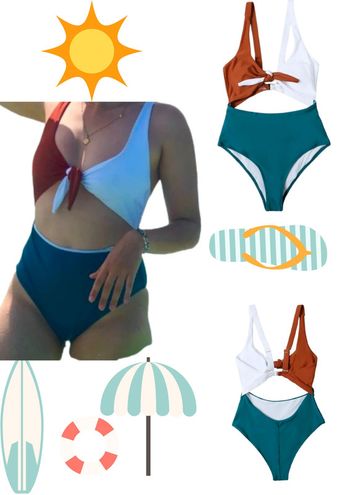 Maillot De Bain Sexy Effet 2 Pieces Blanc Bleu Petrol Marron