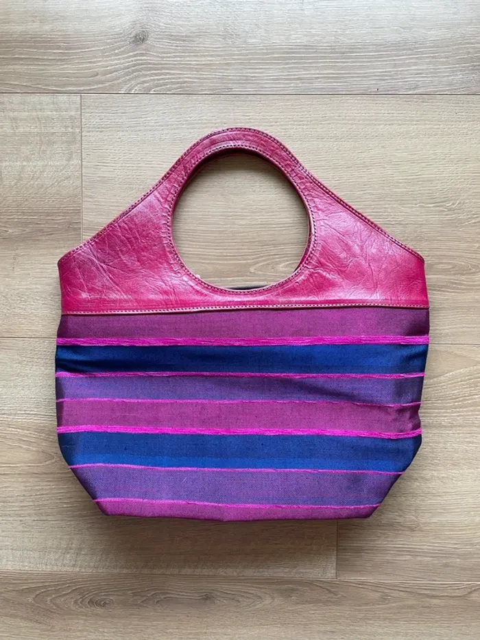 Sac original cuir fuchsia et tissu rayé