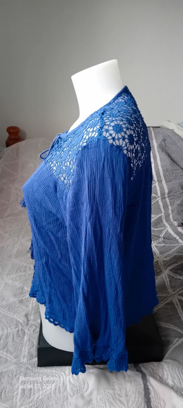 Blouse courte manches pagodes avec dentelle tissus plissé lien à pampilles bleu femme L - photo numéro 6