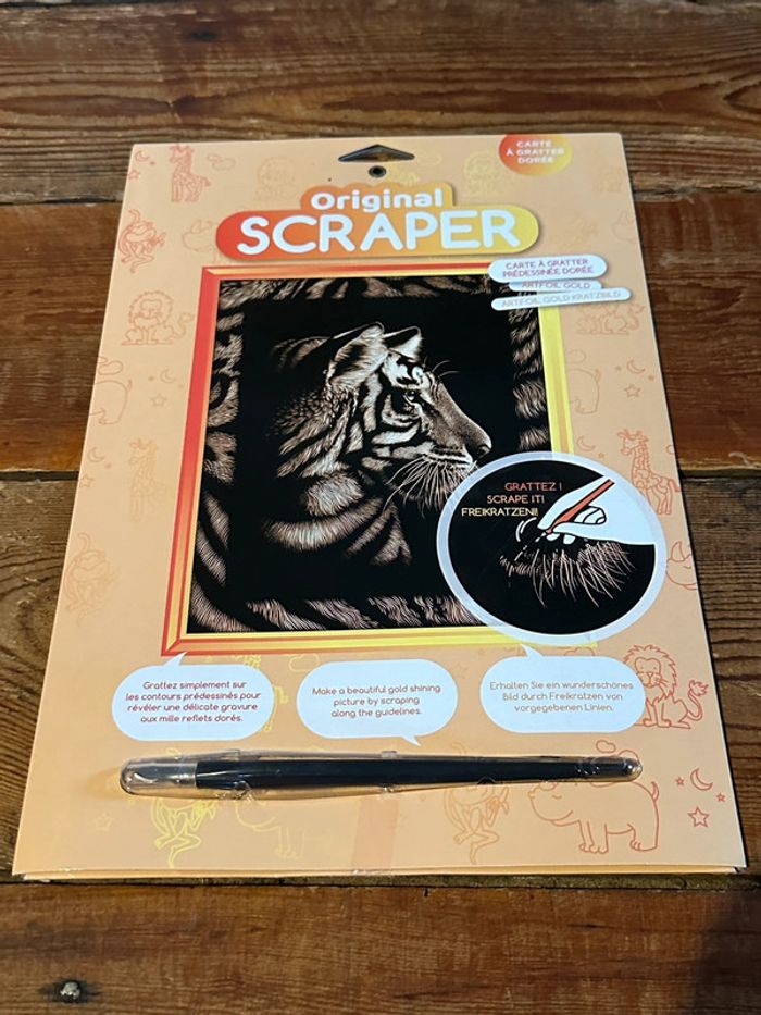Original Scraper activité manuelle gravure carte à gratter pré dessinée animaux dorée or tigre Inde - photo numéro 1