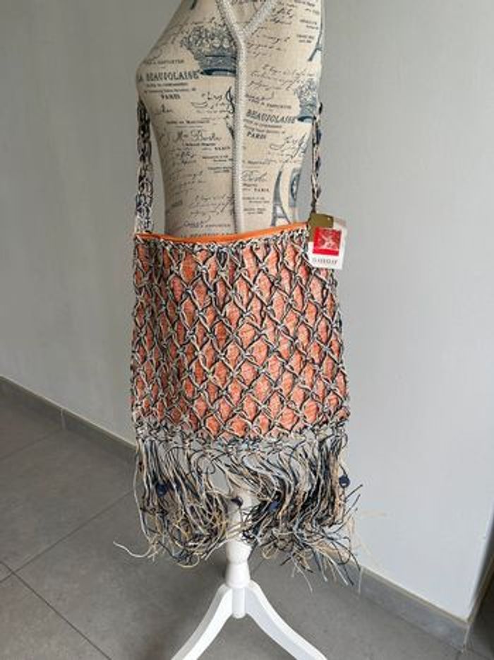 Grand sac raphia (31x38cm) marine et corail - photo numéro 2
