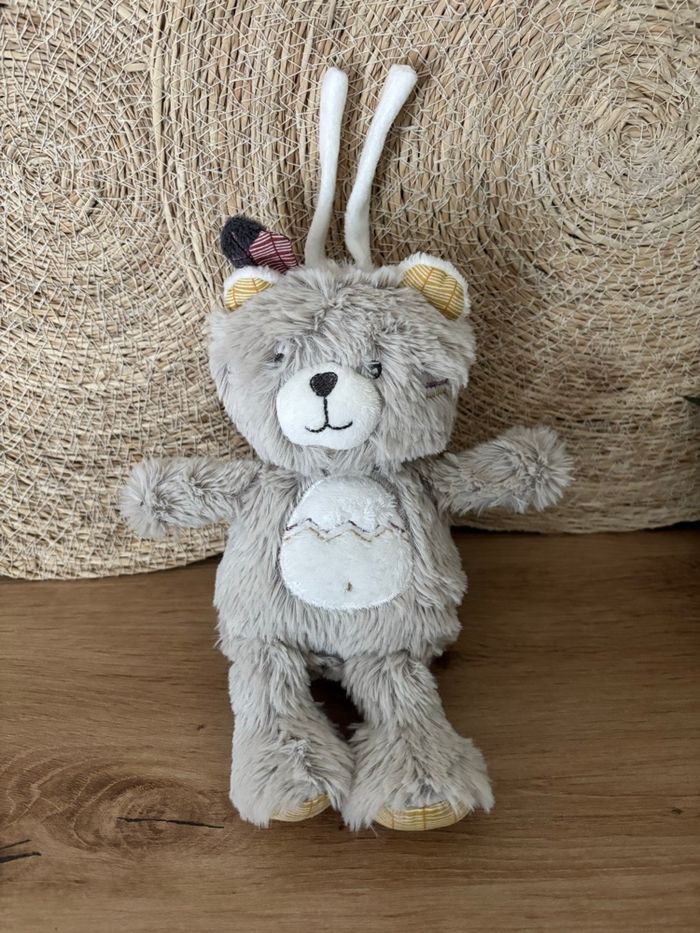 Doudou ours timouki musical beige gris jaune sauthon