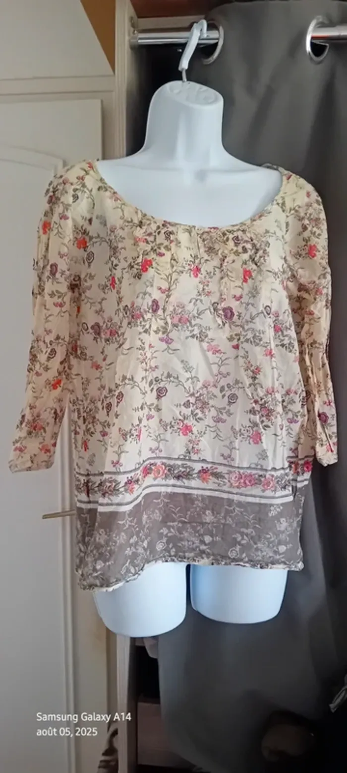 Blouse légère manches 3/4 motif fleurs esprit bohème beige femme 38 promod - photo numéro 2