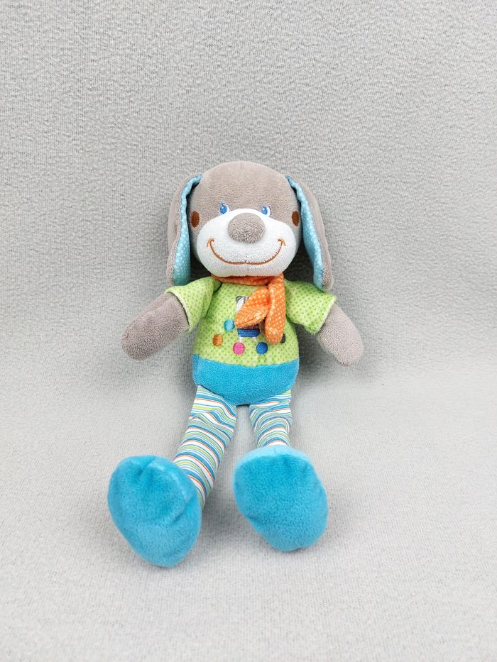 Doudou peluche chien vert bleu MOTS D'ENFANTS écharpe orange chat 30 cm Leclerc