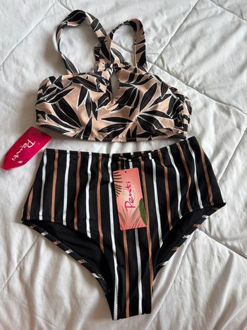Ensemble maillot de bain bikini motif rayé feuillage multicolore Penti taille XS/34 neuf