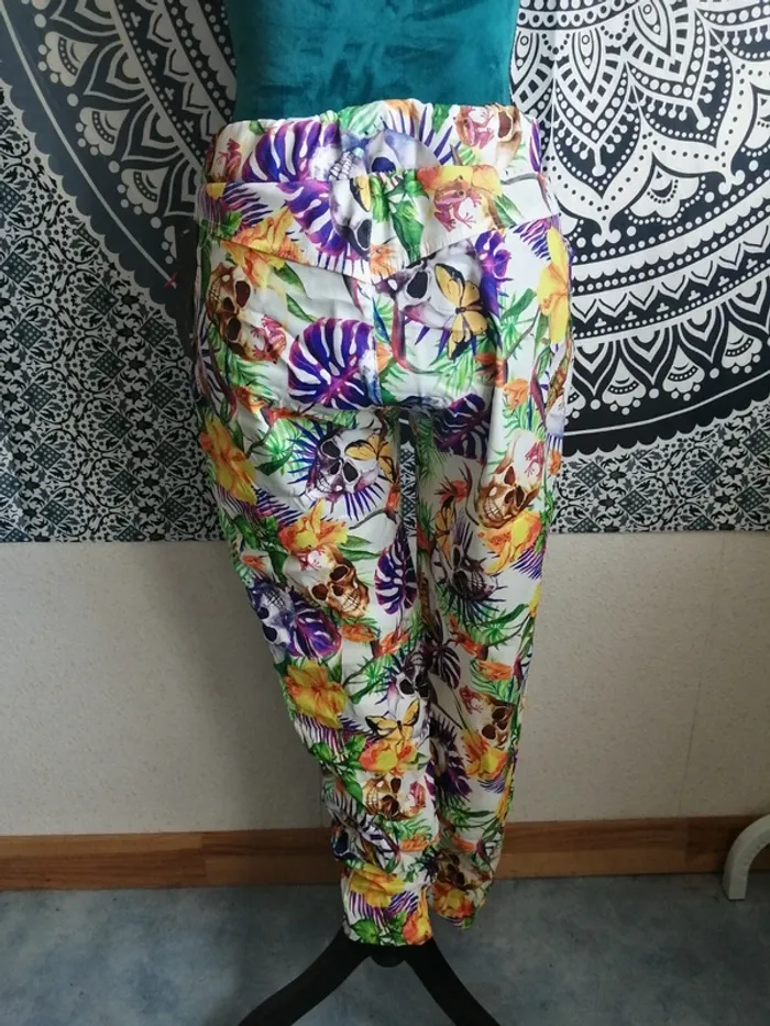 Pantalon blanc motifs tropicaux et tête de mort lien a nouer / imagine / (TU) - photo numéro 5