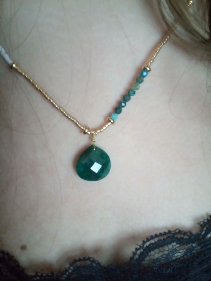 Collier pierres d'émeraude et chrisocole naturelles - photo numéro 4
