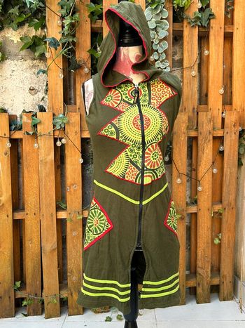 Veste longue gilet sans manches dipawali himitsu taille S M coton - capuche lutin kaki Népal