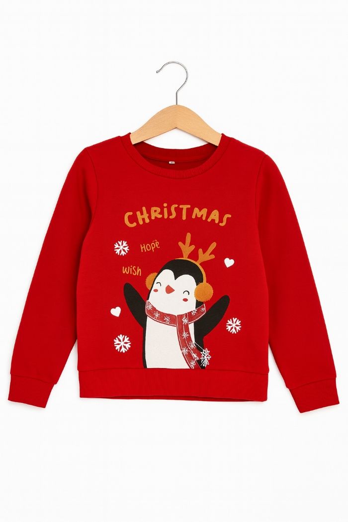 Pull de Noël rouge pingouin pour garçon 5-6 ans, 110-116 cm, parfait état !
