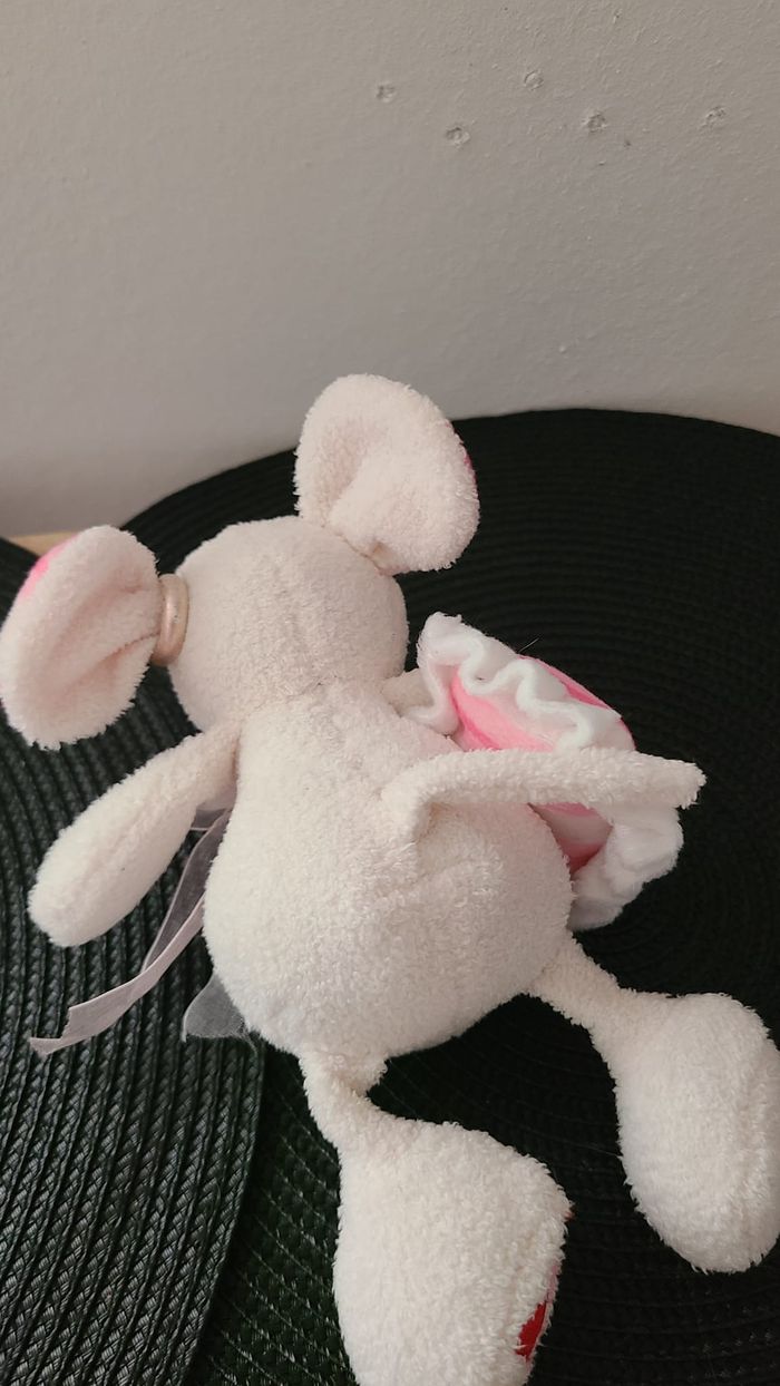 Doudou souris blanche cousin rose rayé 19 cm env. - photo numéro 3