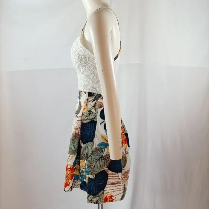Combishort blanc dentelle et imprimé tropical, fines bretelles croisées, taille XL A1209 - photo numéro 2