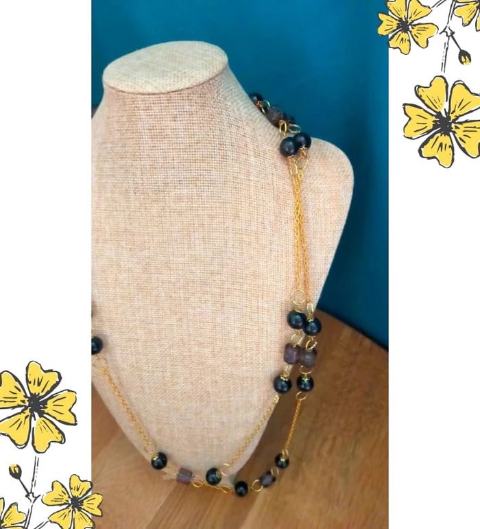 Parure fantaisie – Collier & boucles dorés et perles noires & violettes - photo numéro 9