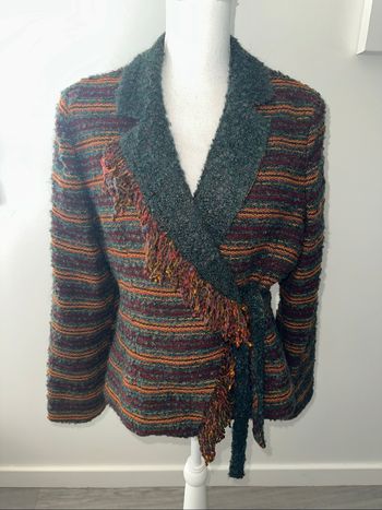 Cardigan cache cœur en laine et mohair vert foncé marron et orange Vintage T42 XL