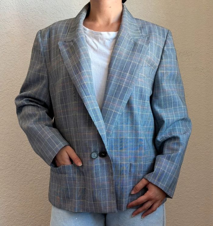 Veste blazer motif prince de galle carreaux gris noir Weinberg Paris vintage 90s taille L/XL - photo numéro 2