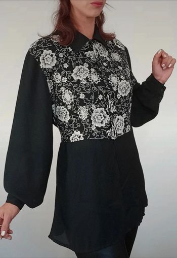 Chemisier long noir et blanc fleuri vintage taille 40
