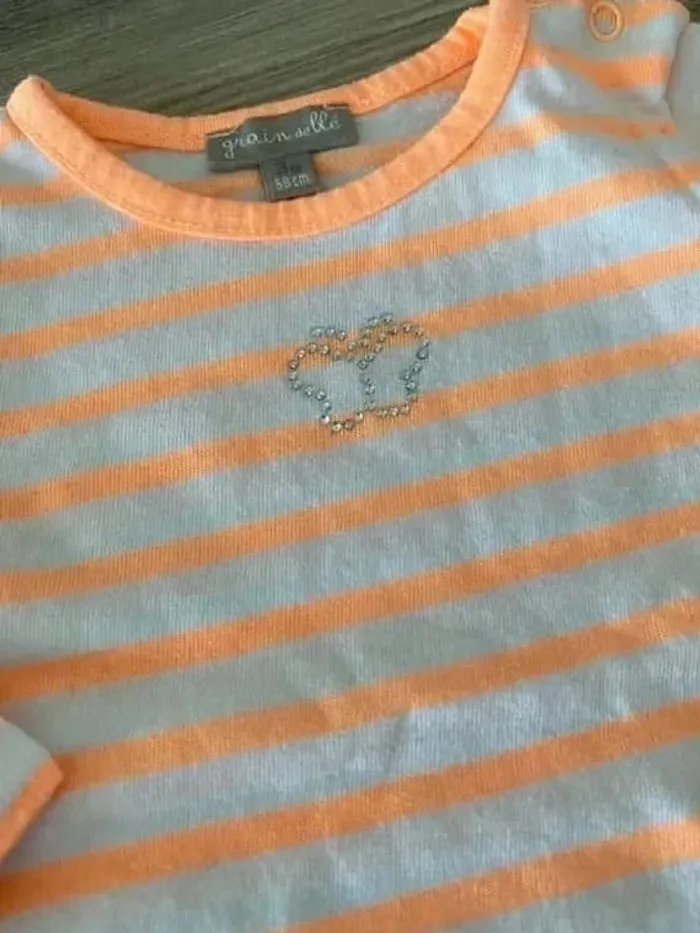🎀Tee shirt fille Neuf grain de blé orange fluo rayé blanc 3 mois - photo numéro 2