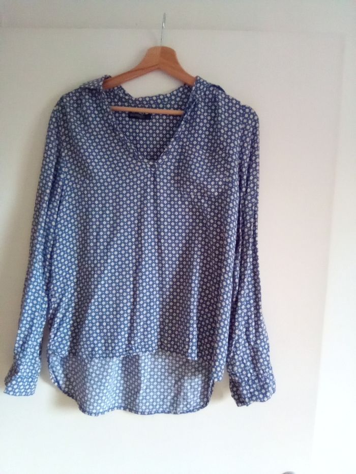 Blouse bleu canard et beige