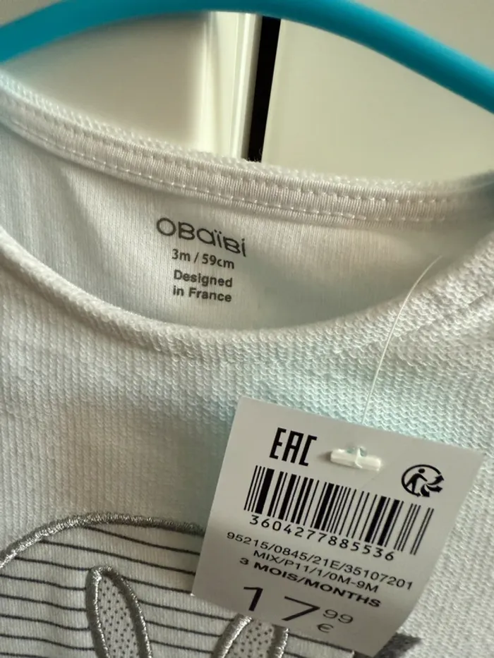 Grenouillère pyjama Obaïbi blanc neuf avec étiquette 3 mois - photo numéro 4