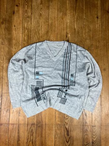 Pull maille vintage col V motifs rayures gris noir bleu clair XL