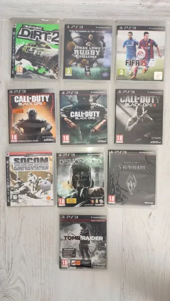 Jeux PS3: Colin McRae, Rugby, FIFA 15, Call of duty, Socom, Dishonored, Skyrim et Tomb Raider