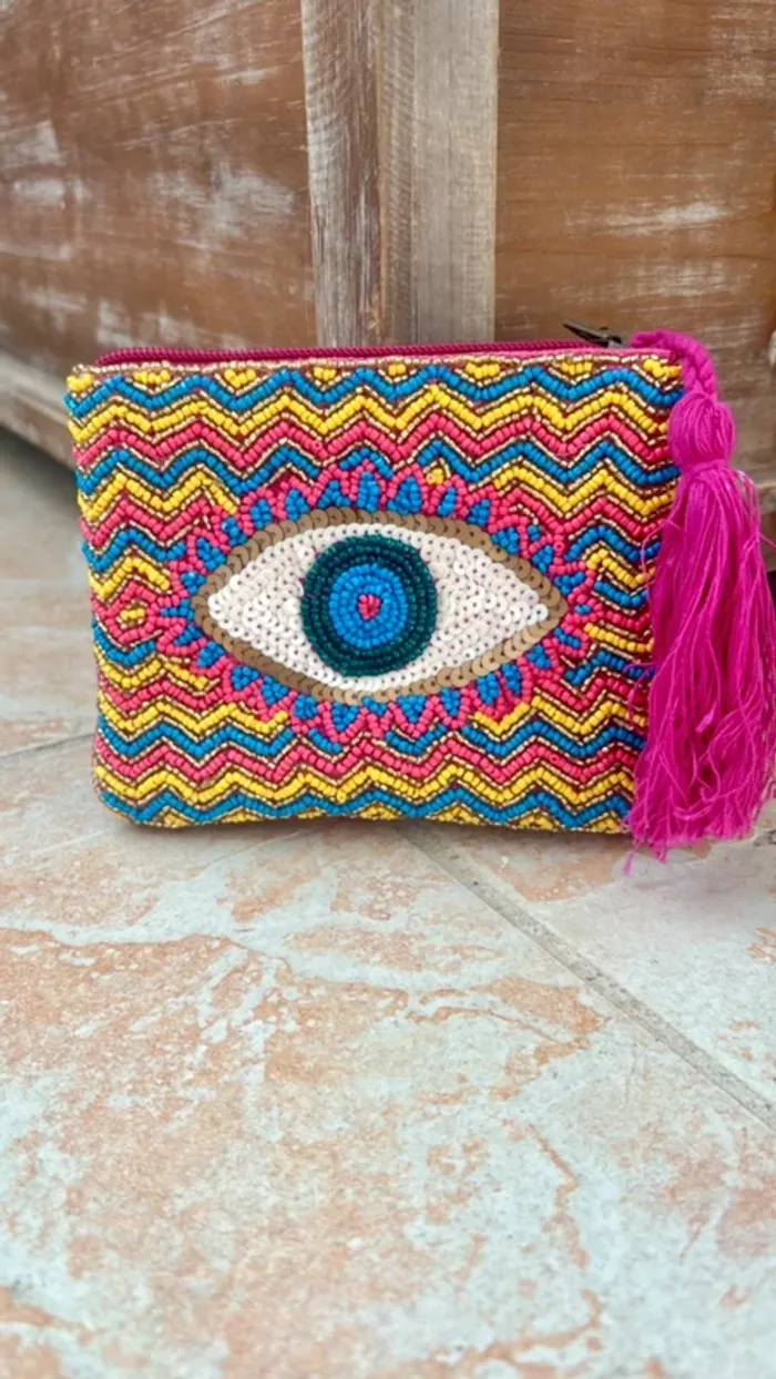 Porte monnaie bohème œil avec perles multicolores