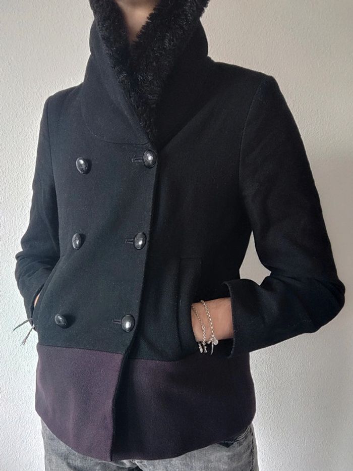 Manteau caban noir violet laine col fausse fourrure / Etam - 34XS à 36/S - photo numéro 2