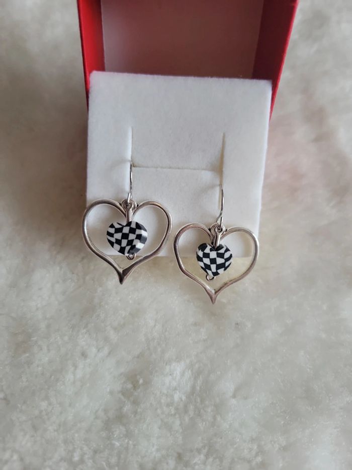 Boucles d oreilles silver et cœur vichy - photo numéro 3