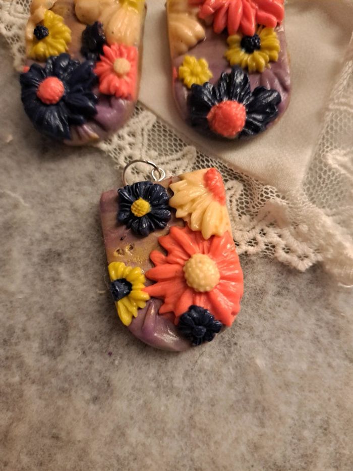Parrurre boucles d'oreilles et pendentif pâte polymere multicolore florale - photo numéro 9