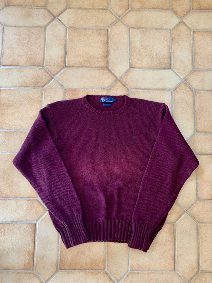 Pull sweat en maille bordeaux vintage Ralph Lauren cavalier vert