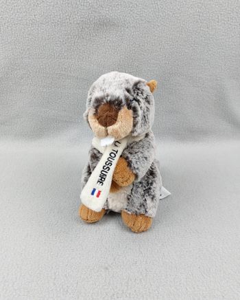 Peluche doudou marmotte castor CMP la Toussuire gris chiné marron écharpe 19 cm