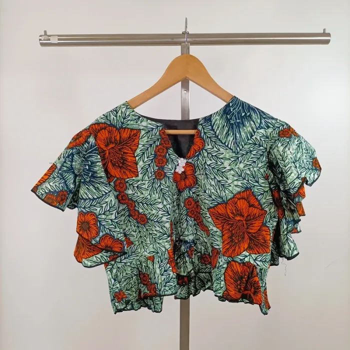 Top court volanté Wax imprimé fleuri tropical vert orange manches courtes A1458